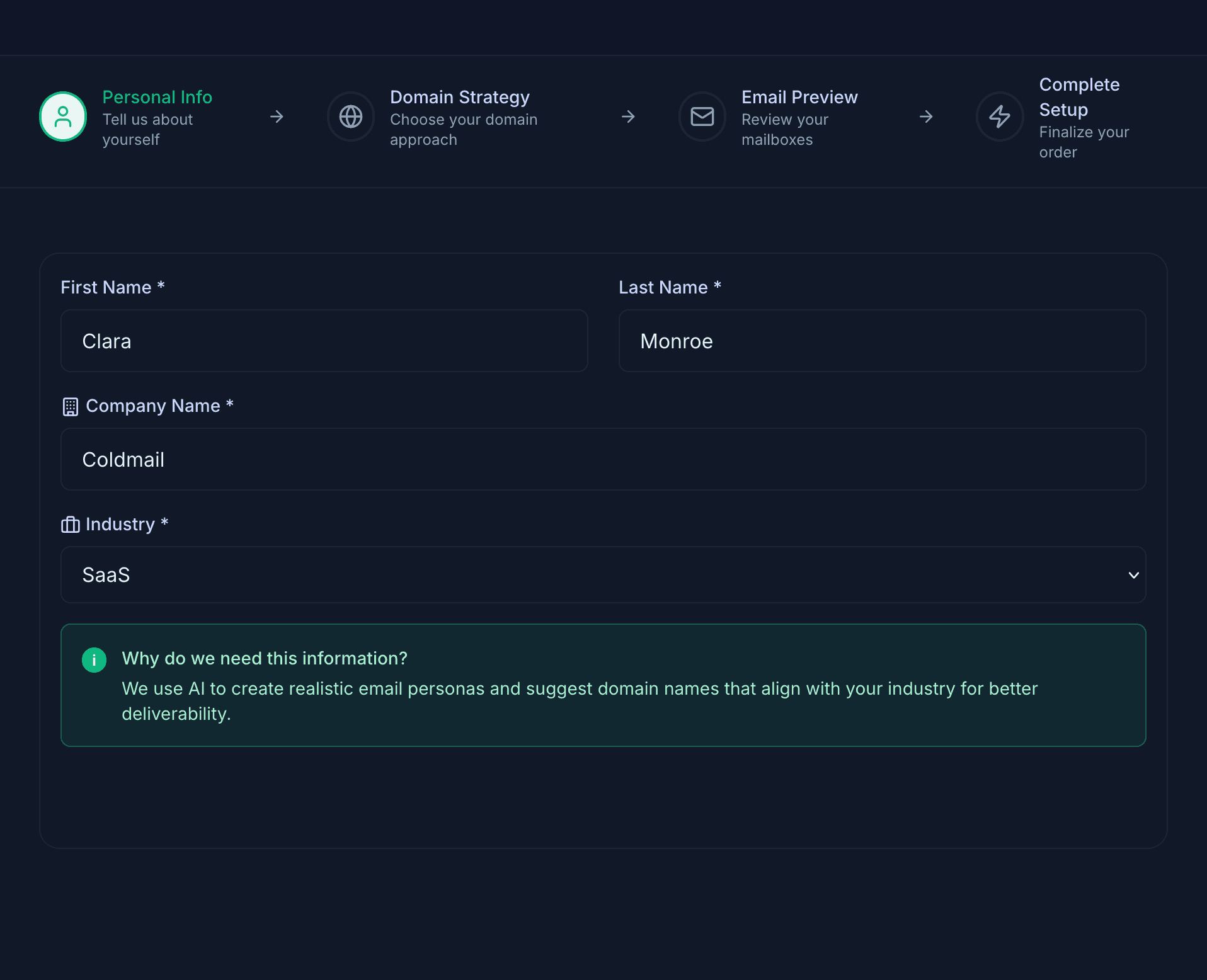 Account Details in the ColdMail setup flow