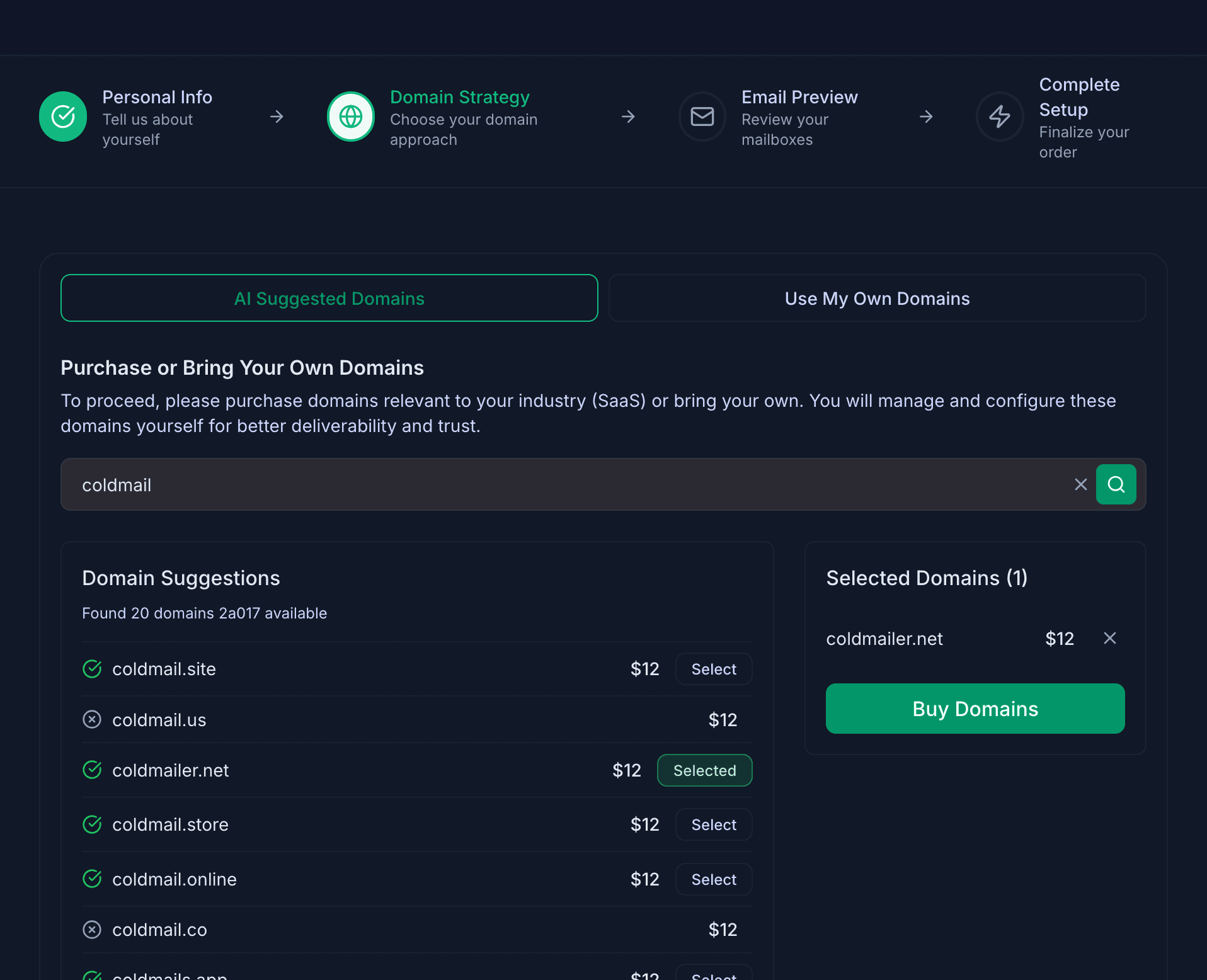 Domain and DNS Setup in the ColdMail setup flow