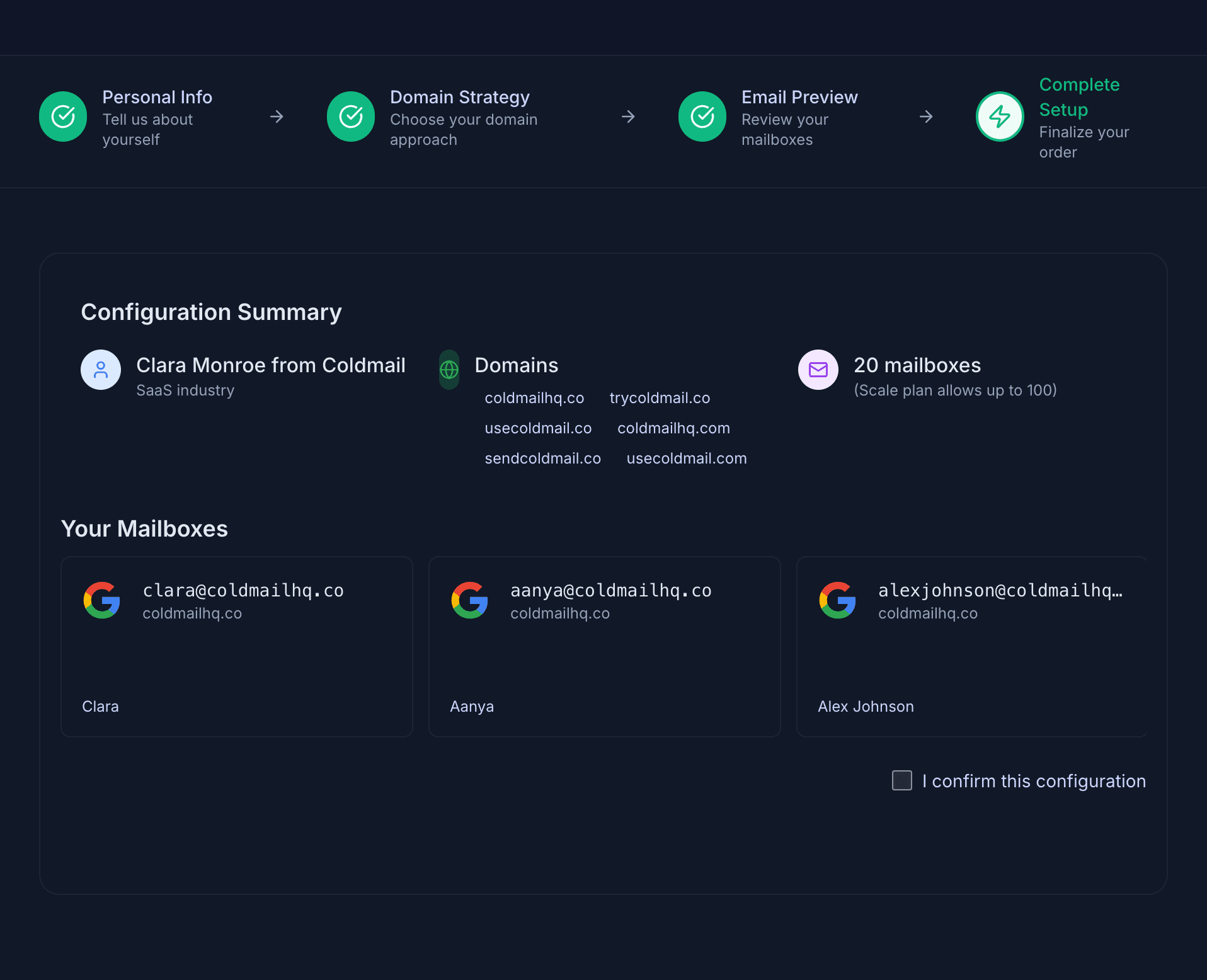 Launch and Export in the ColdMail setup flow